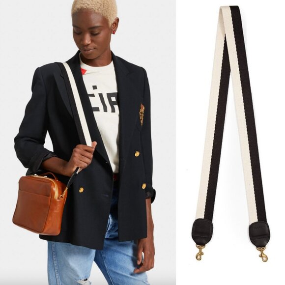Clare V Crossbody Strap Black White Cotton Webbing Leather Trim Gold Ring - Picture 1 of 6